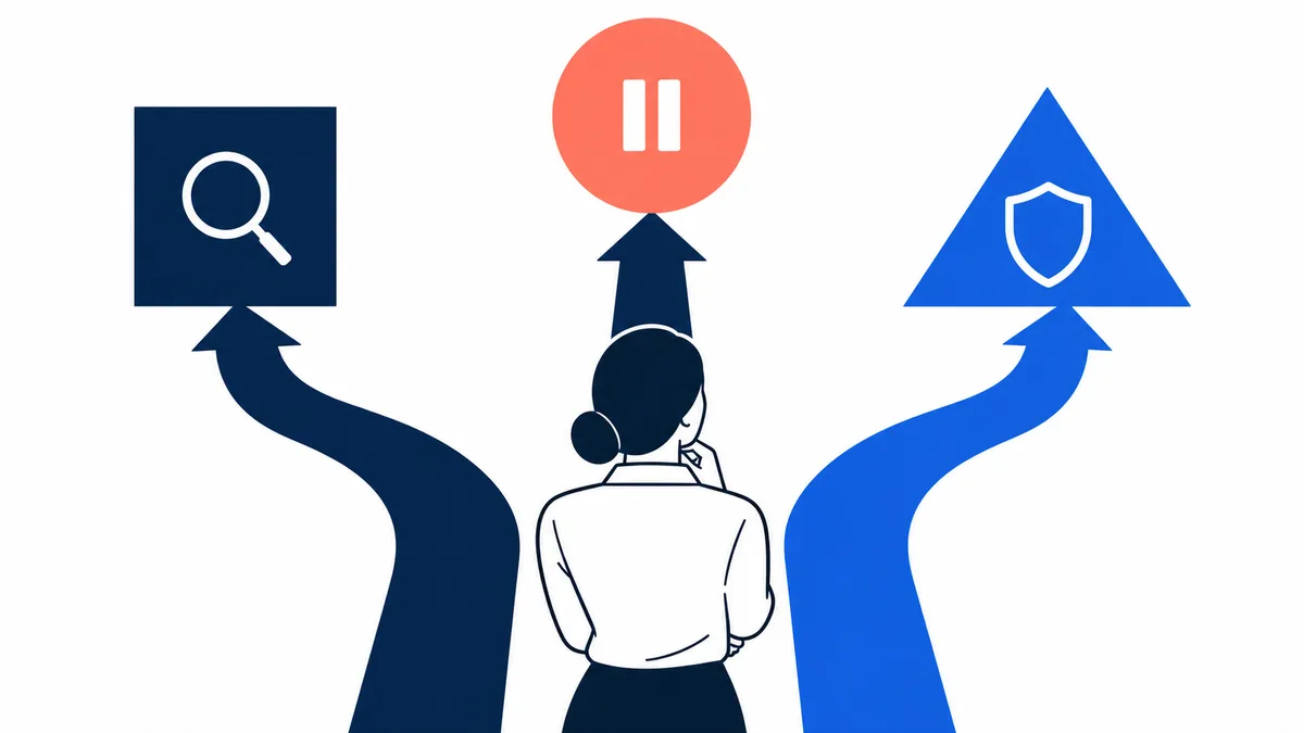 A person viewed from behind stands between three upward paths marked with a magnifying glass, pause symbol, and shield.