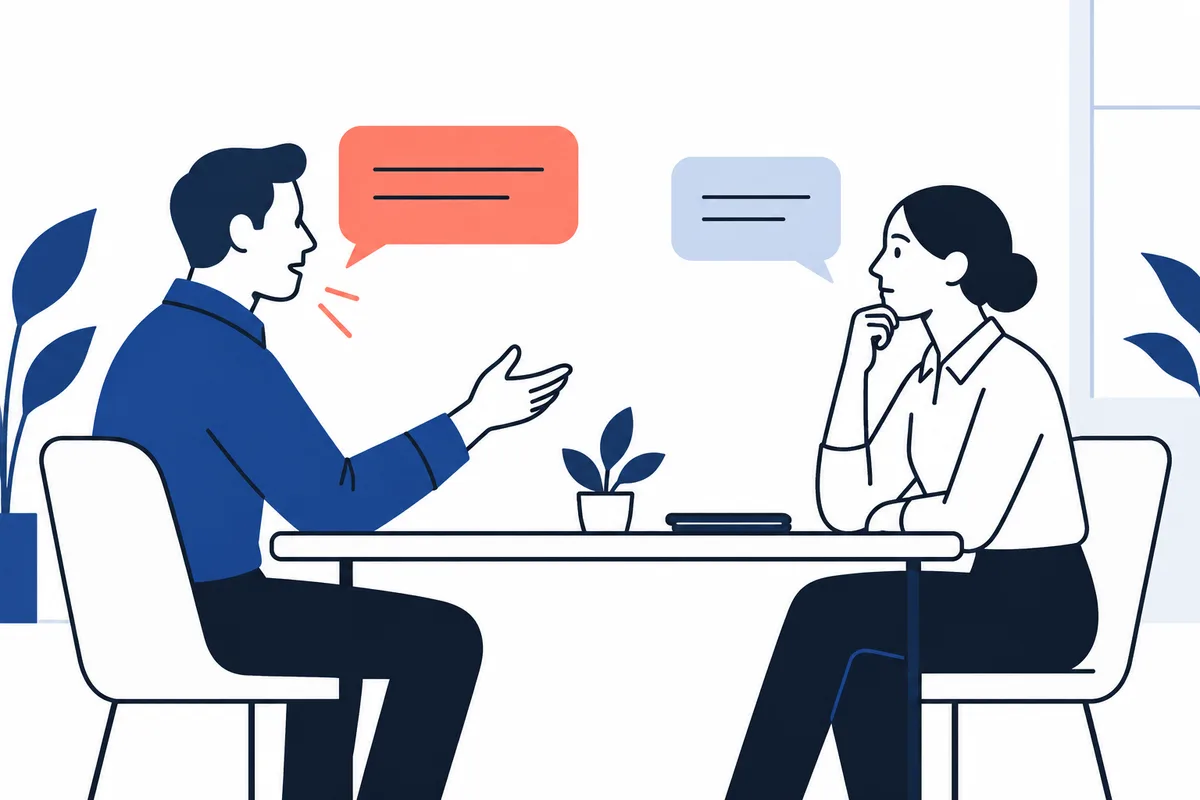 A seated man gestures across a table toward a woman listening with her hand at her chin; blank speech bubbles appear above them.