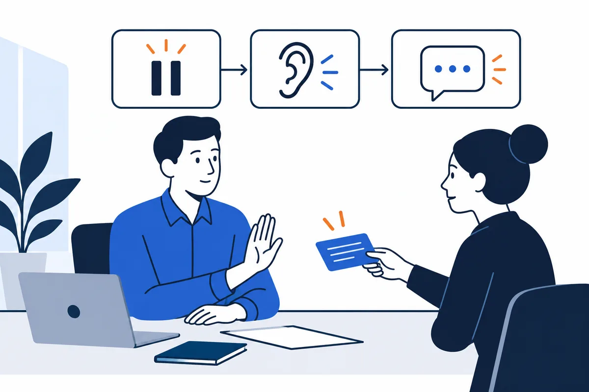 A person raises a hand while another holds out a card; icons above show a pause symbol, an ear, and a speech bubble connected by arrows.