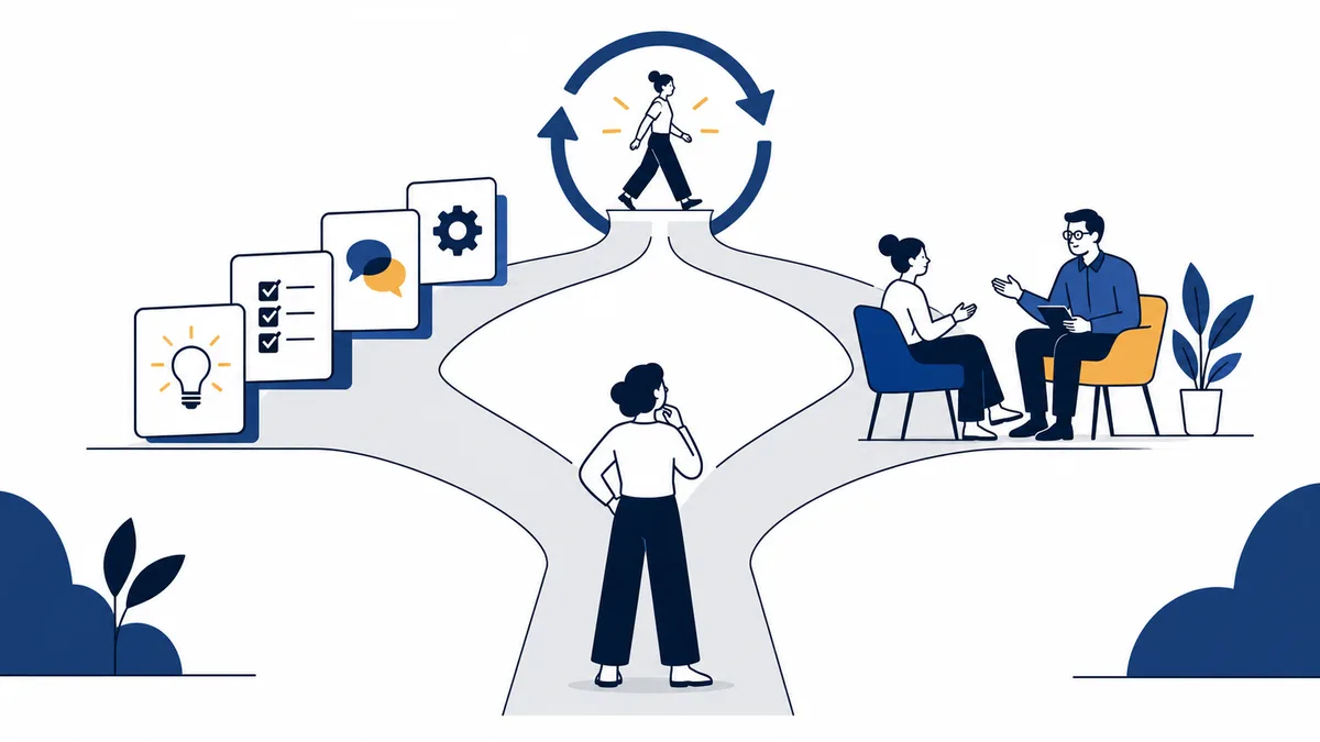 A person stands at a forked path, with cards showing a light bulb, checklist, conversation bubbles and gear to one side, a walking figure inside circular arrows ahead, and two people talking on the other path.