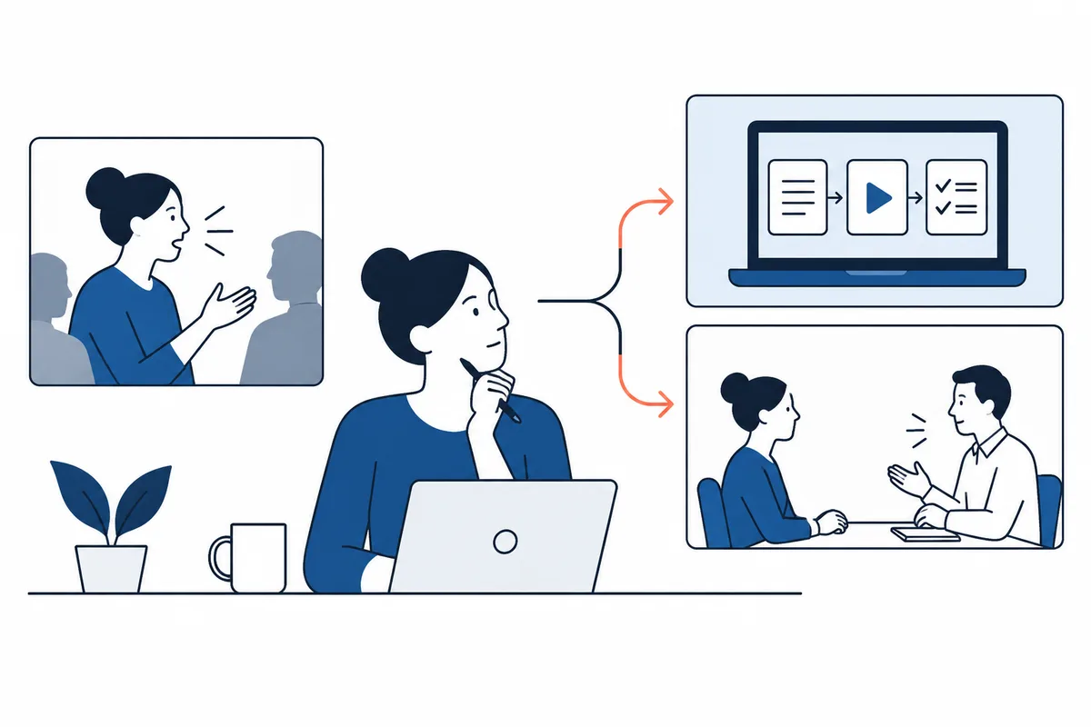 A person at a laptop considers two options branching from a speaking scene: a laptop screen with a play button and checklist, or a one-to-one conversation.