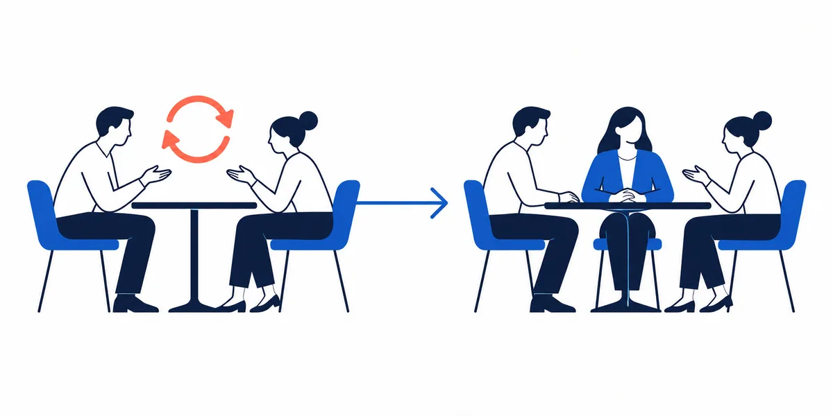 Two seated coworkers face each other across a table beside circular arrows; an arrow leads to a second scene where a seated facilitator joins them.