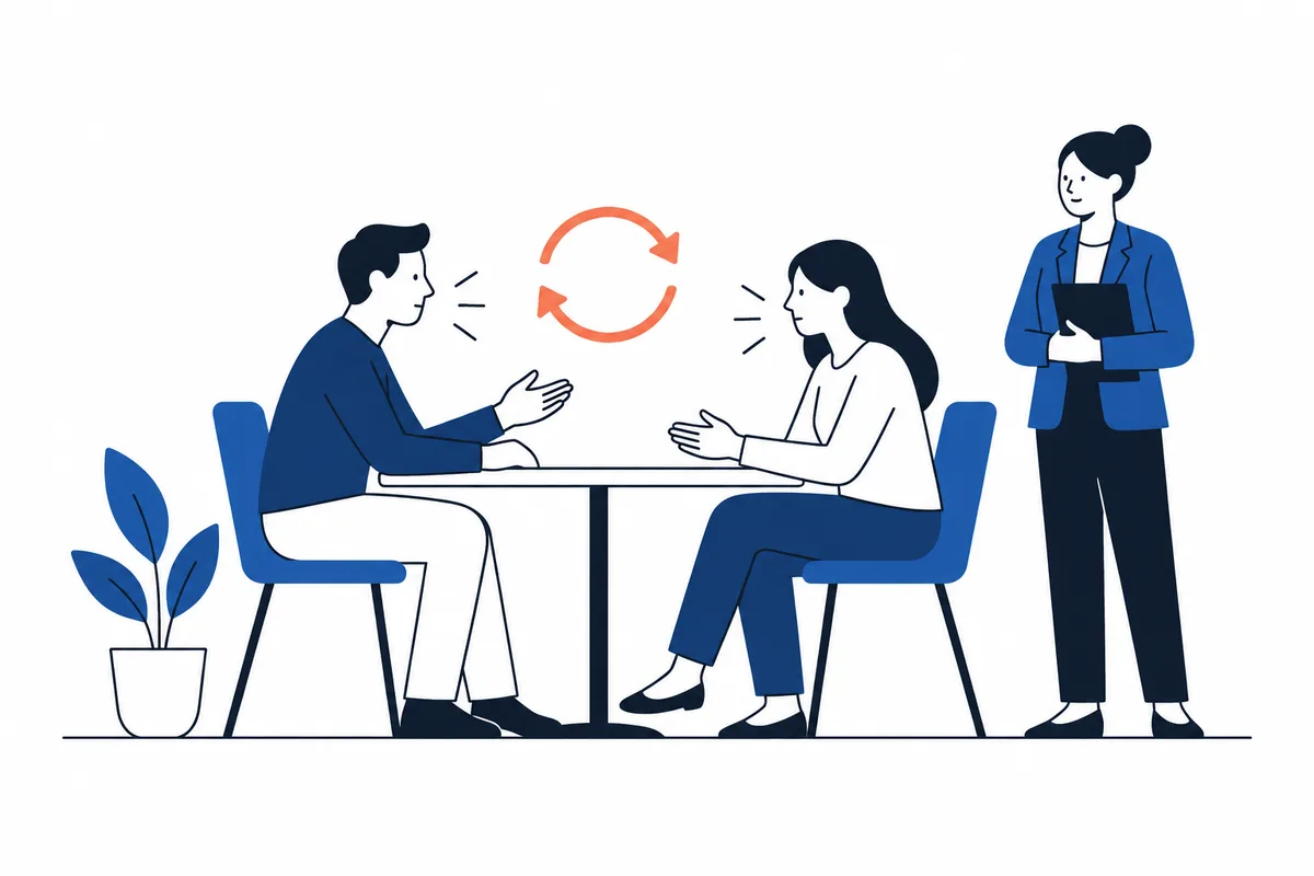 Two coworkers gesture across a table beneath circular arrows, while a standing facilitator holds a folder nearby.