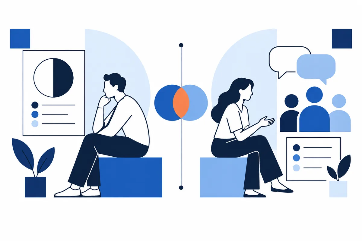 Two seated figures face opposite directions on either side of overlapping blue and orange circles. Chart panels, speech bubbles, three person icons, and small potted plants surround them.