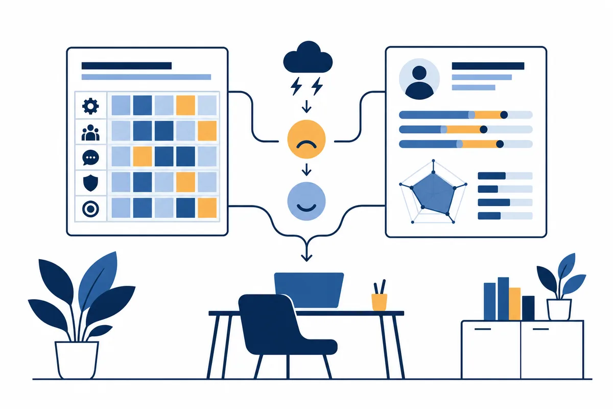 Two assessment panels connect through storm and changing face icons above an office desk; one panel shows a grid and the other bars and a polygon chart.