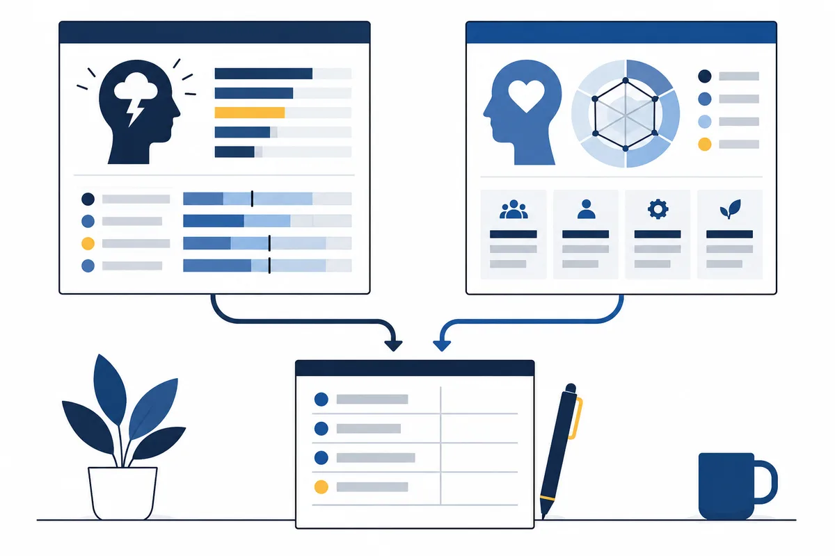 Two report panels with head icons, charts, and rating bars flow into a comparison table beside a plant, pen, and mug.