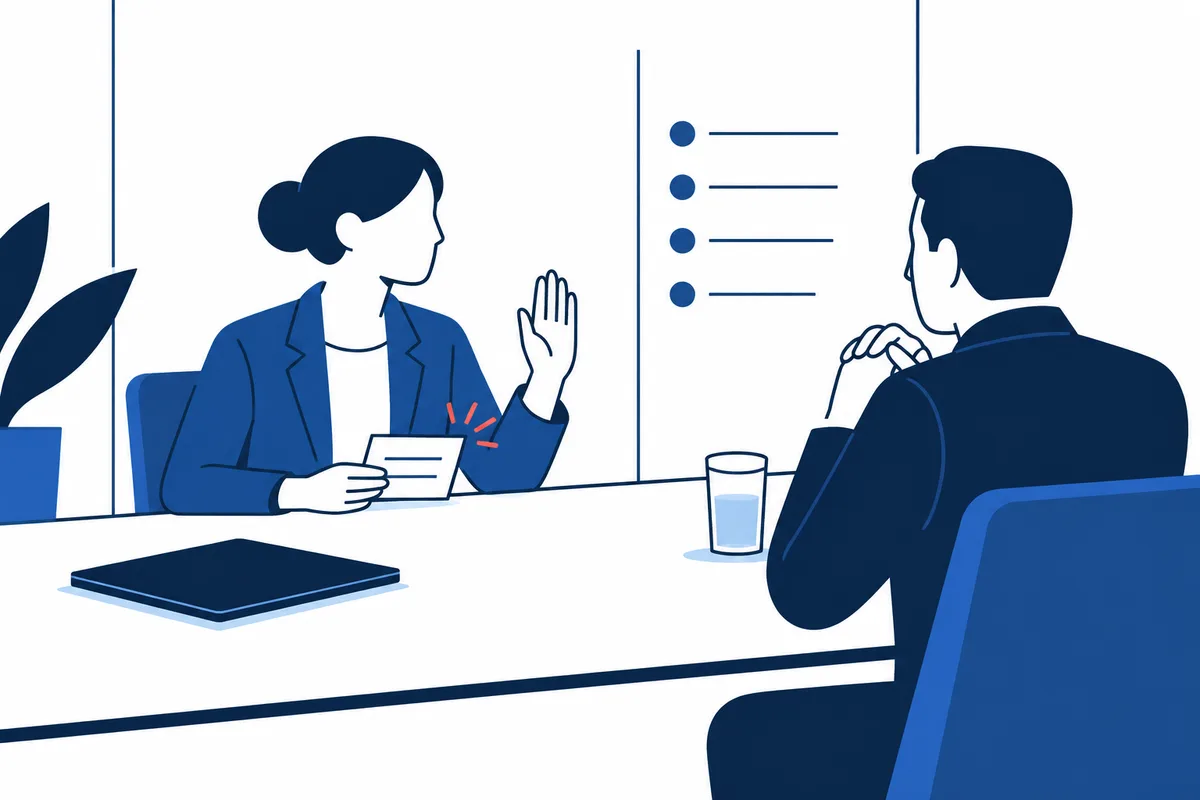 Two people sit across a table; one raises a hand while the other holds papers, with a four-item list on the wall behind them.