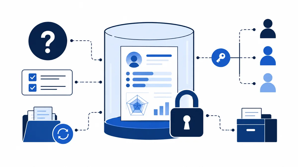Blue and navy illustration of a document inside a cylindrical container with a padlock and key, connected to a question mark, checklist, folders, and three person icons.