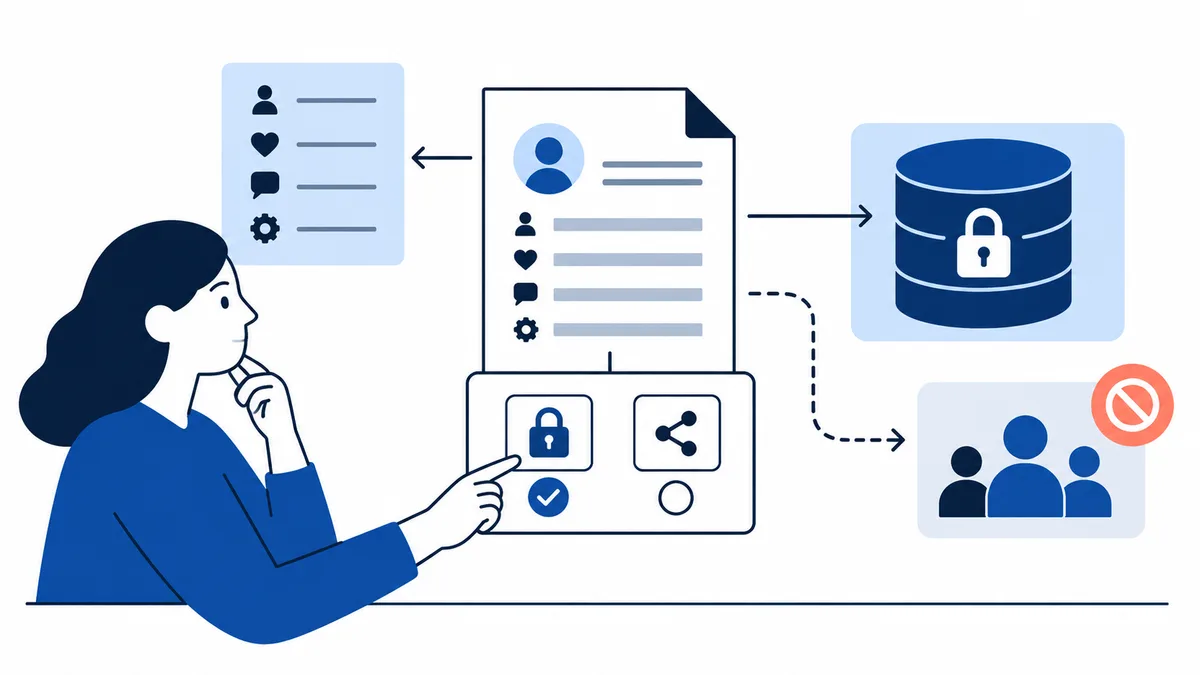 Blue and navy illustration of a person pointing to lock and sharing controls on a profile document, connected to a locked database and a group marked with a prohibition symbol.