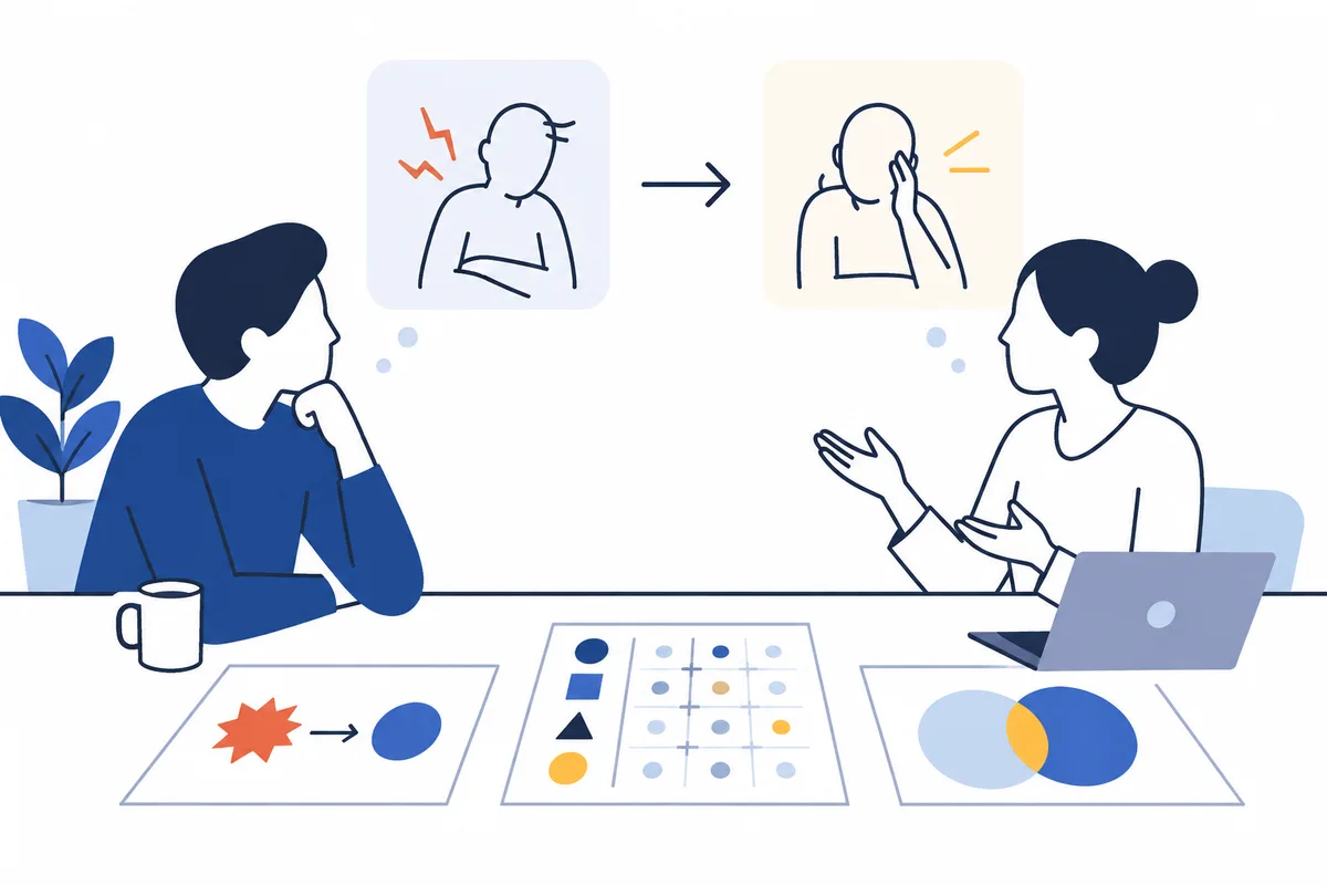 Two people sit across a table with a laptop and simple diagram sheets; above them, sketches show a tense figure followed by a figure touching their face.