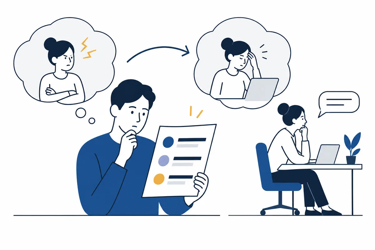A seated person studies a sheet with colored circles and bars; thought bubbles show a tense face and a person at a laptop, beside another person working at a desk.