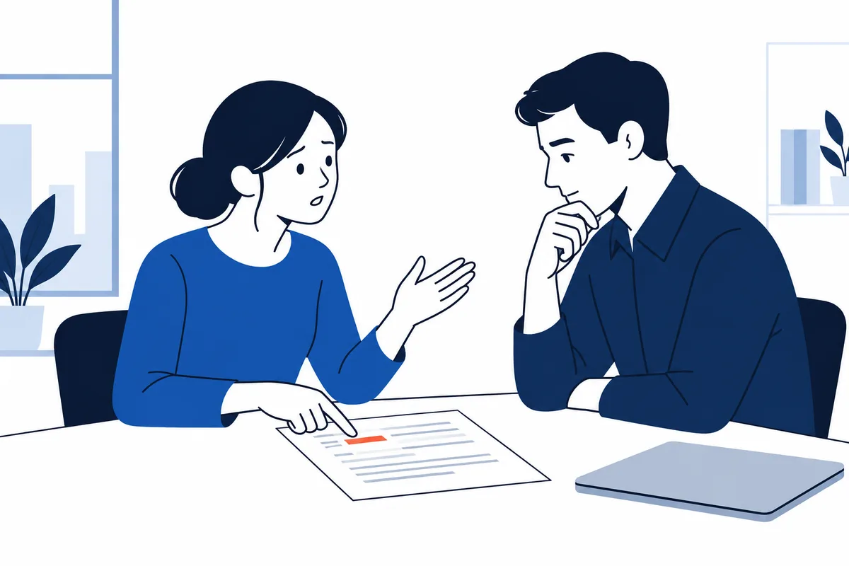 A woman points to an orange-marked line on a document while speaking with a man seated across the table. A closed laptop, plant, and shelves are nearby.
