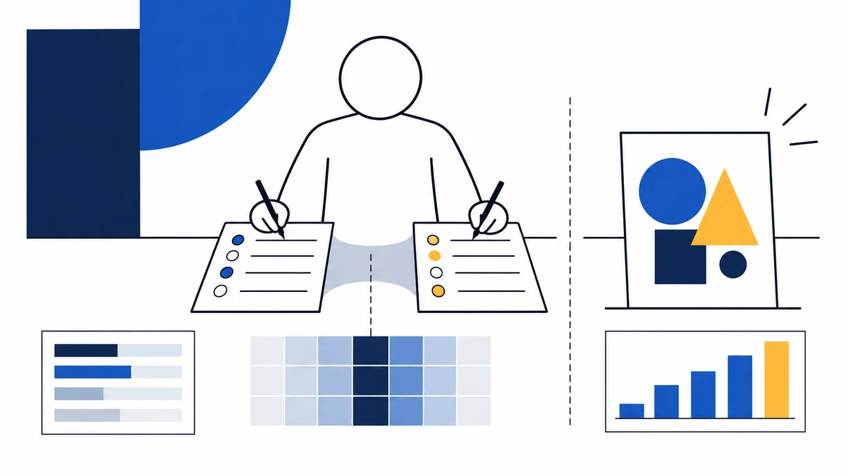 A faceless figure fills out two checklists above a color grid and bar chart, beside panels of geometric shapes and rising bars.