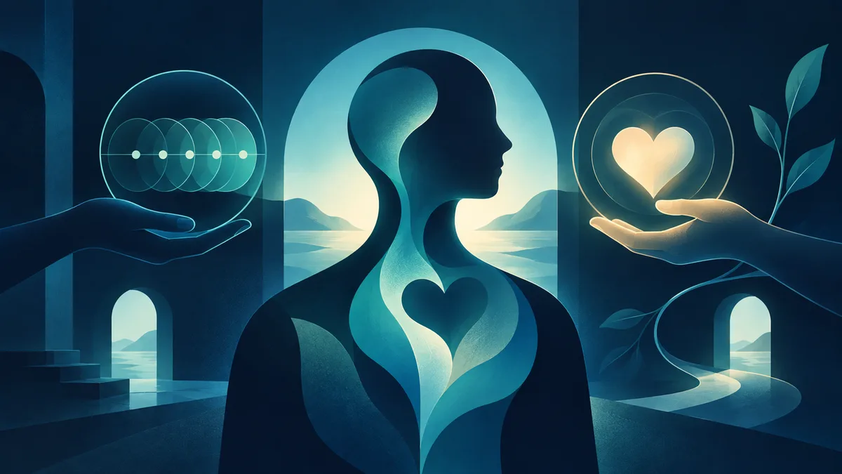 A stylized teal silhouette with a heart shape inside faces right between two outstretched hands: one holding overlapping circles and one holding a glowing heart.