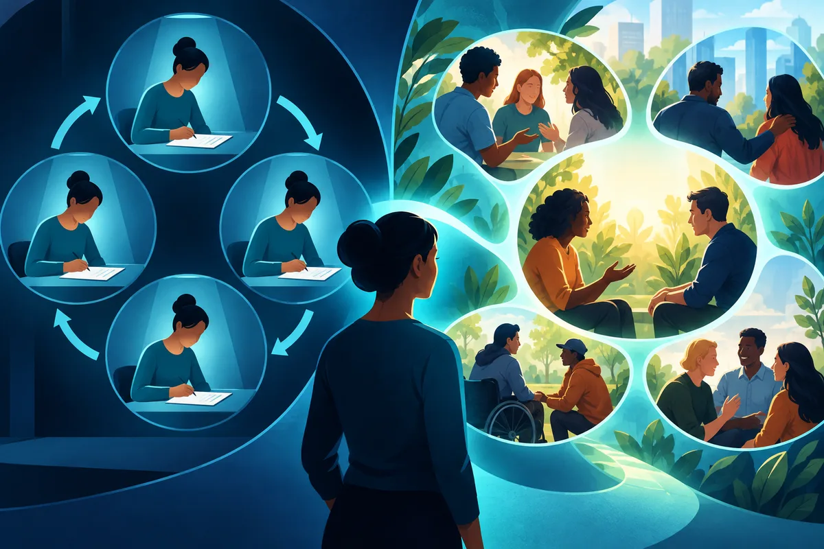 A person stands between circular scenes of someone writing and groups of people talking, with arrows connecting the writing scenes.
