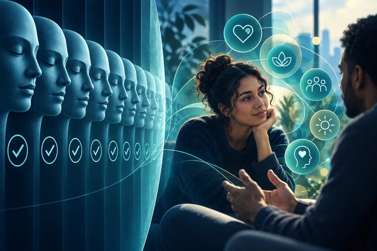 A seated woman talks with another person beside a row of blue faces marked with check symbols and several circular icons.