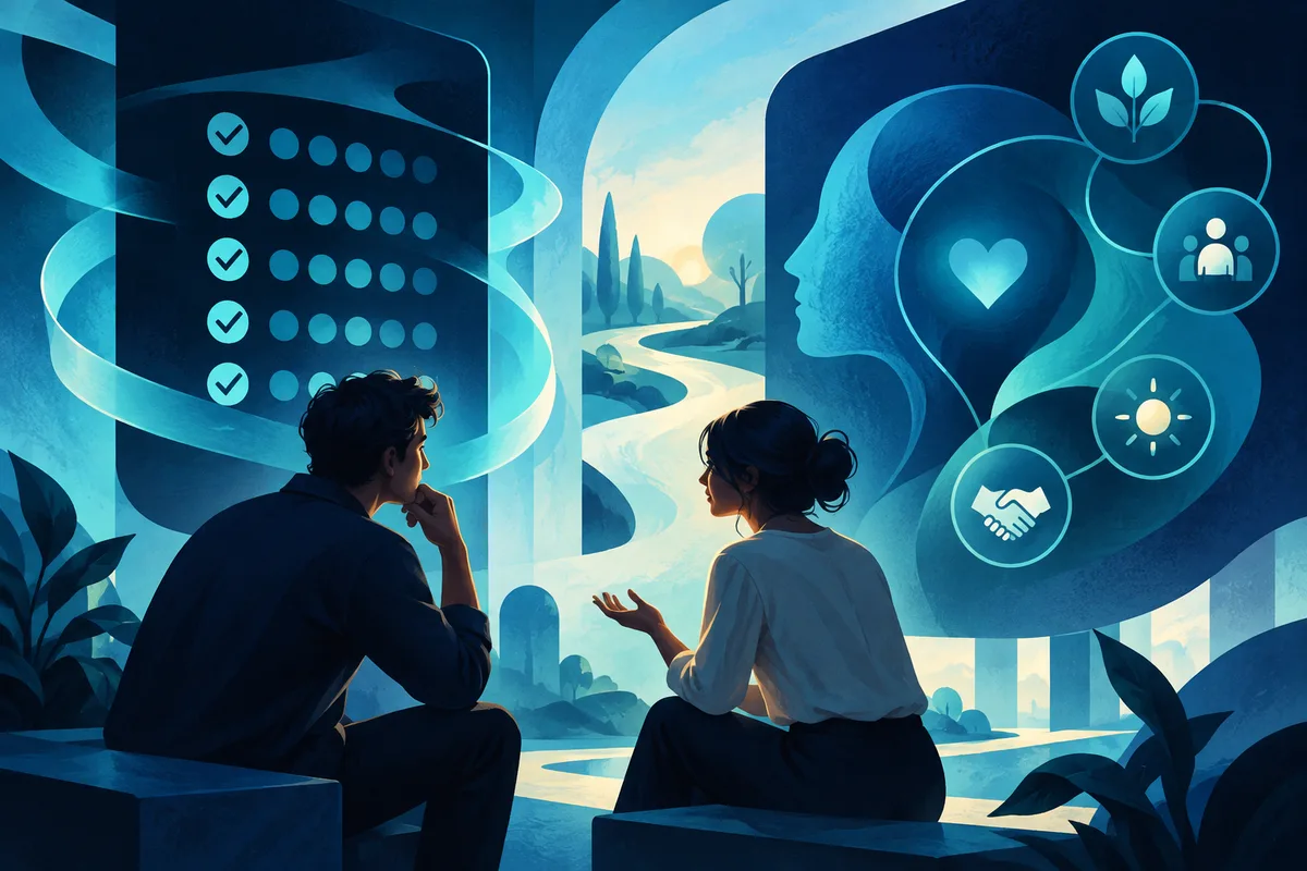 Two people sit facing each other in a bright landscape, beneath a large profile silhouette containing a heart and connected icons; a checked dot grid appears on the left.