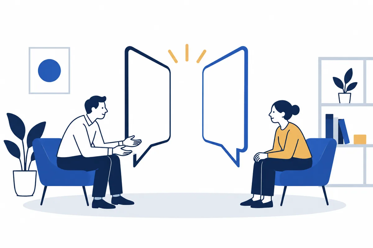 Two people sit facing each other in blue chairs with speech bubbles between them. A potted plant, framed picture, and bookshelf decorate the room.