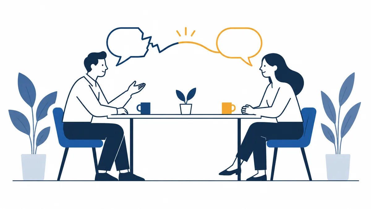 Two people sit across a table with mugs and a small plant, facing each other beneath connected speech bubbles.