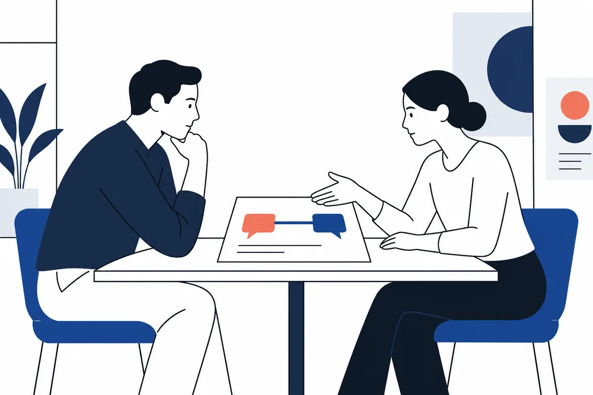 Two people talk across a table; one listens with a hand at their chin while the other gestures toward two connected speech bubbles on a sheet.