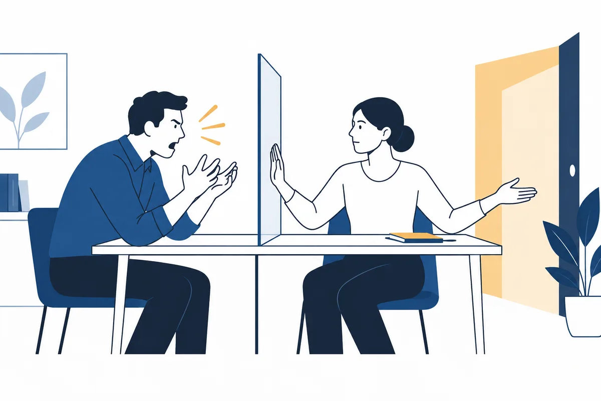 At a desk, one seated person raises a hand while another gestures with open arms; a book and plants sit nearby.