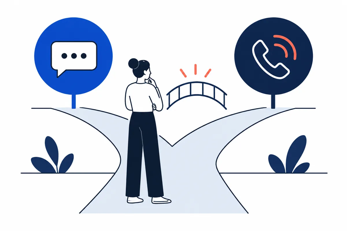 A person stands at a fork in the road between a message bubble and a phone symbol.
