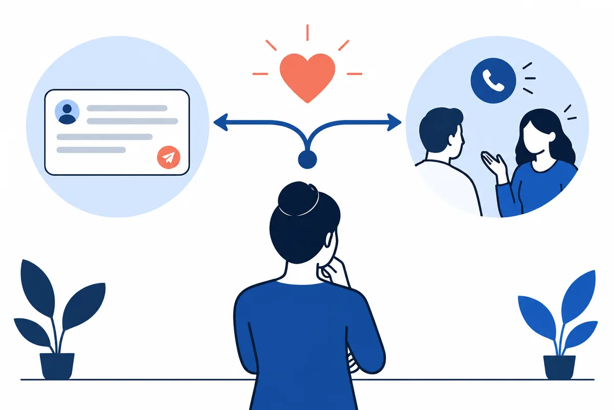 A person considers a message on one side and a phone conversation between two people on the other, joined by branching arrows beneath a heart.