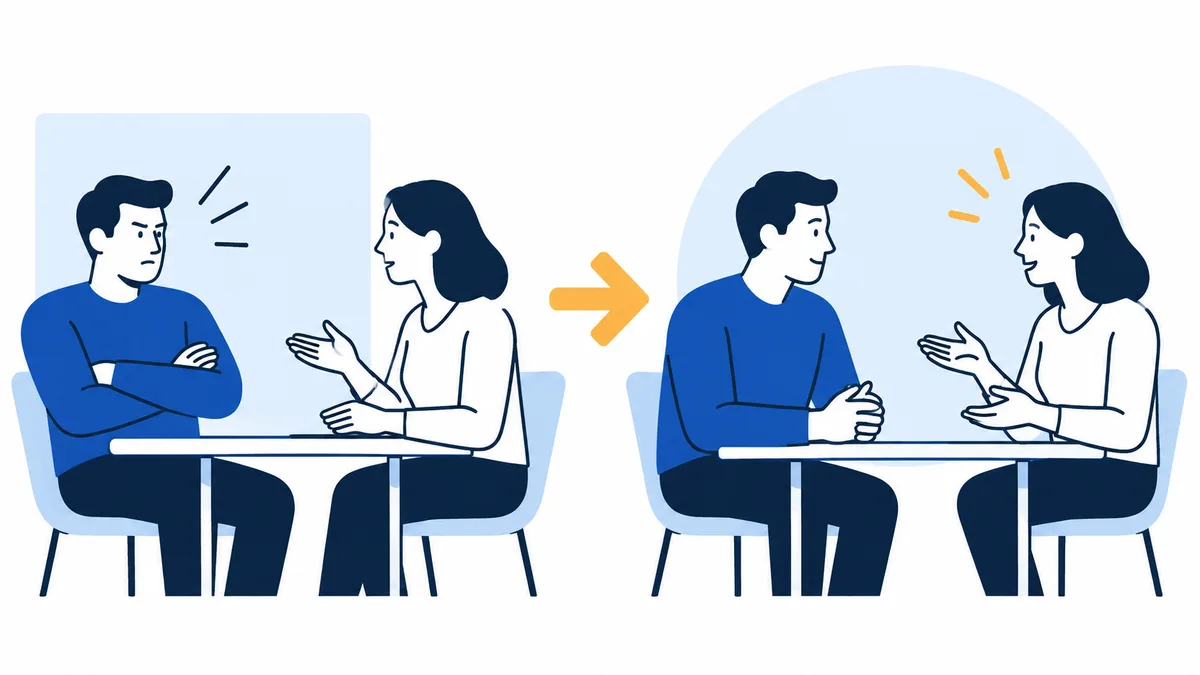 Two side-by-side scenes show a man with crossed arms facing a woman, then the same pair seated with relaxed postures; an arrow connects the scenes.