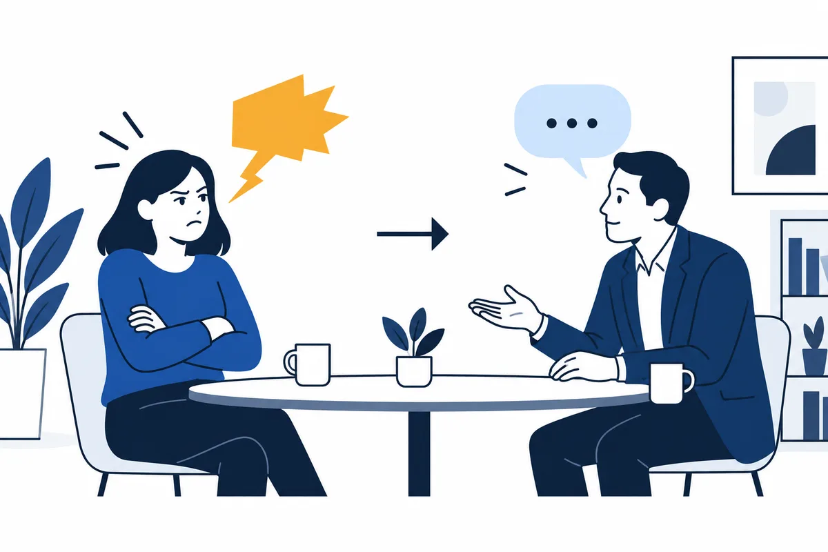 A woman sits with crossed arms opposite a man gesturing at a table; an arrow points toward a speech bubble with three dots above him.