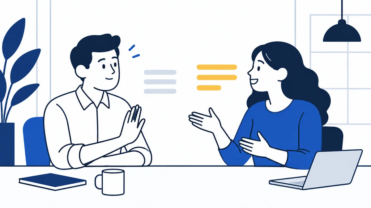 Flat illustration of two people seated across a desk, gesturing toward each other, with colored bars between them and a laptop, book, and cup on the desk.