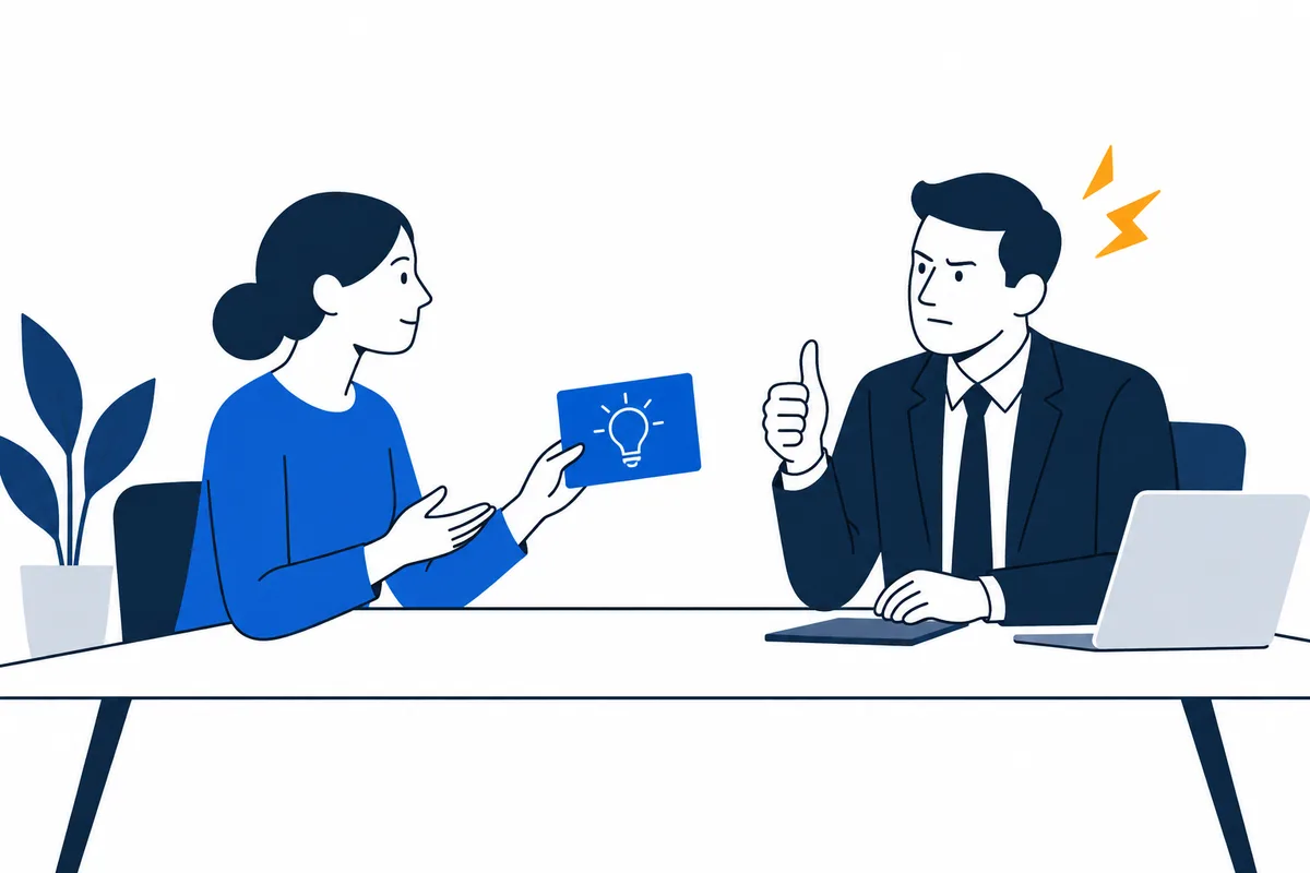 Flat illustration of two office workers at a desk: one gestures toward a blue tablet with a light bulb symbol, while the other raises a hand beside two yellow lightning shapes. A laptop, papers, and a potted plant are also on the desk.