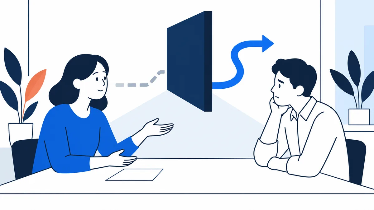 One seated figure gestures across a table toward another, with a tall dark panel between them and a blue arrow curving around it.