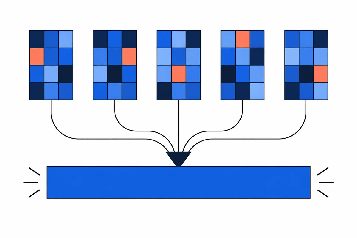 Five small grids of blue, navy, and coral squares connect by curved lines to a downward arrow above a long blue bar.