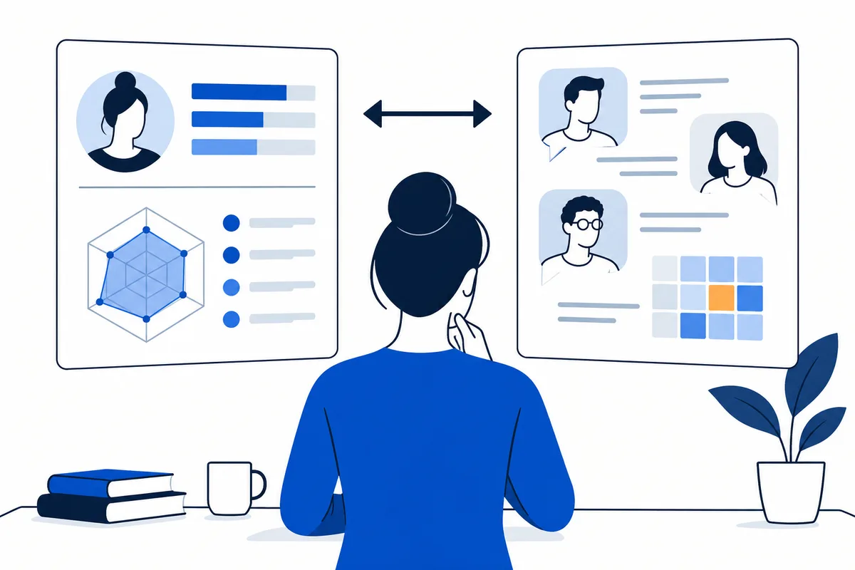 A person seen from behind compares a profile panel with a radar chart to a panel of portrait cards and a color grid, joined by a two-way arrow.