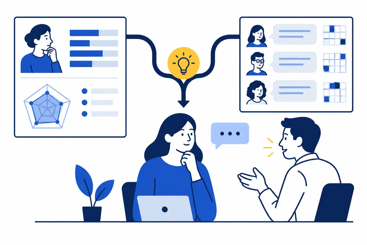 A woman with a laptop talks with a seated man beneath a lightbulb and downward arrow; nearby panels show charts, portrait cards, and small grids.