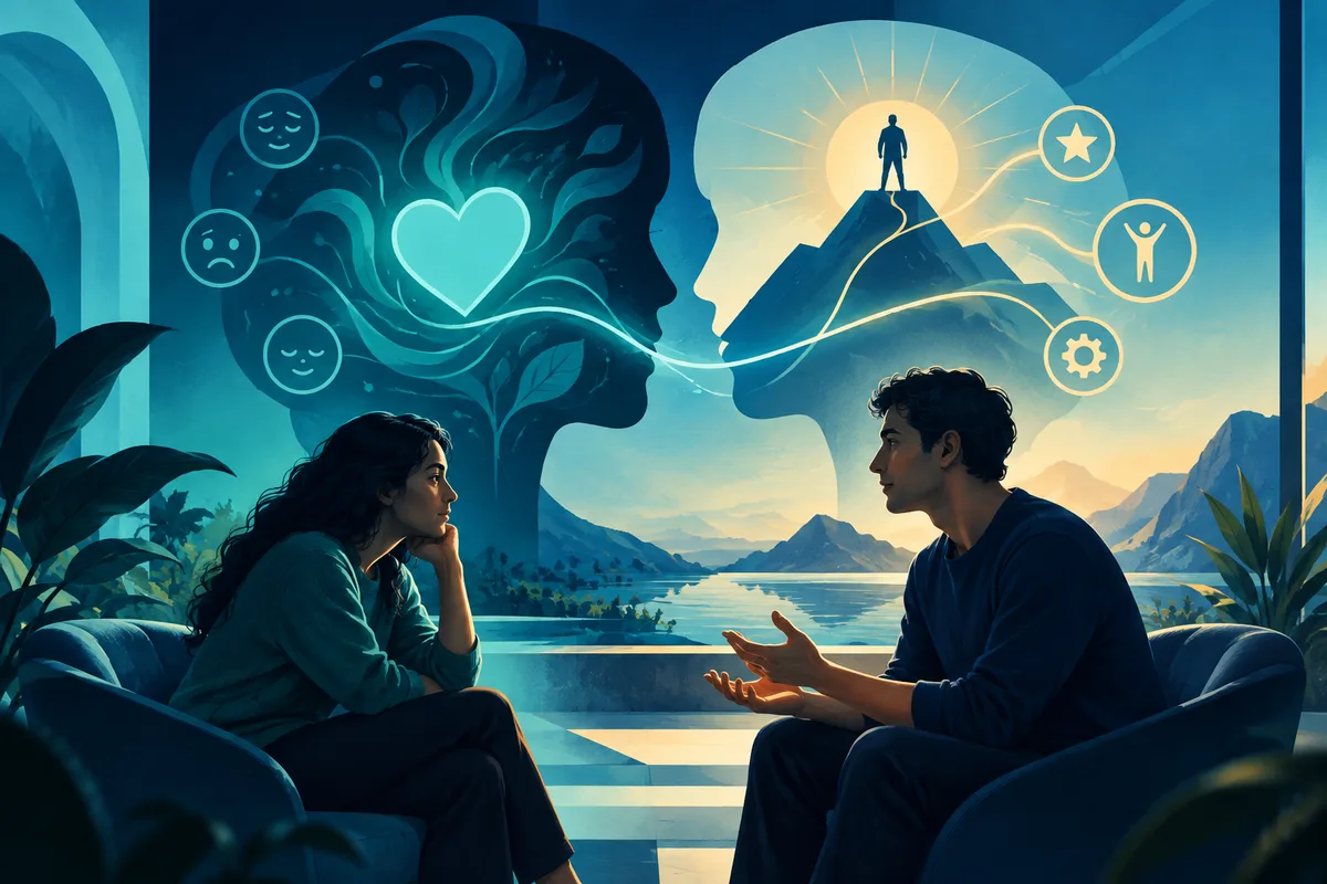 Two people sit facing each other beside a lake, beneath overlapping profile silhouettes containing a glowing heart, emotion symbols, and a mountain path.