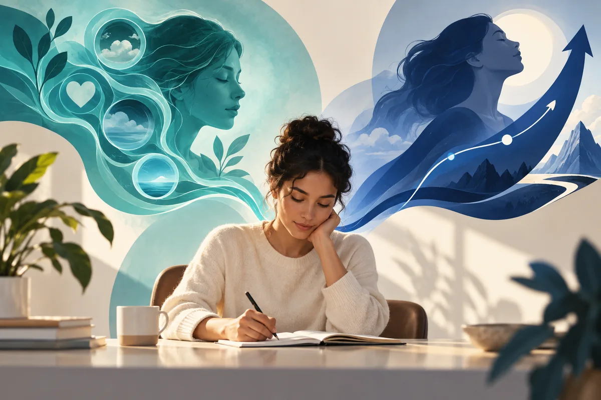 A person writes in a notebook at a table, with illustrated flowing profiles, circular scenes, and an upward arrow behind them.