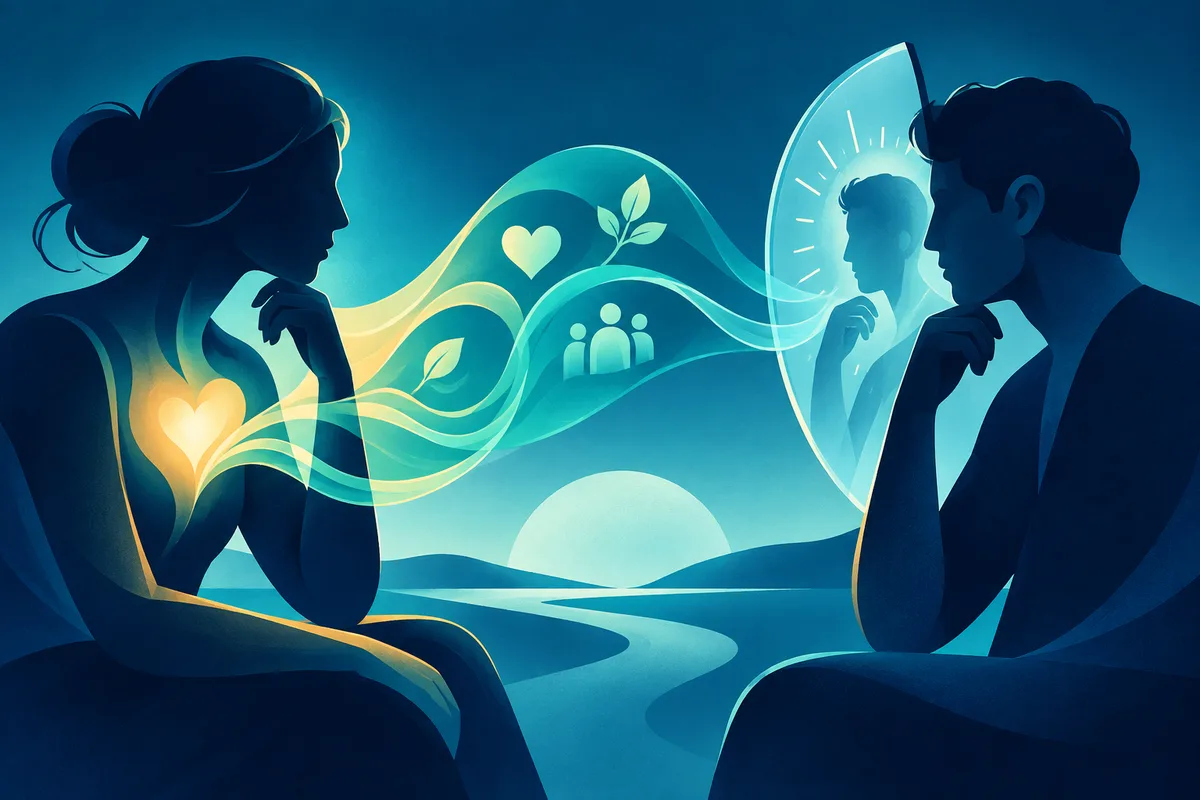 Two silhouetted people face each other as colorful flowing ribbons connect hearts, leaves, and a small group symbol between them.