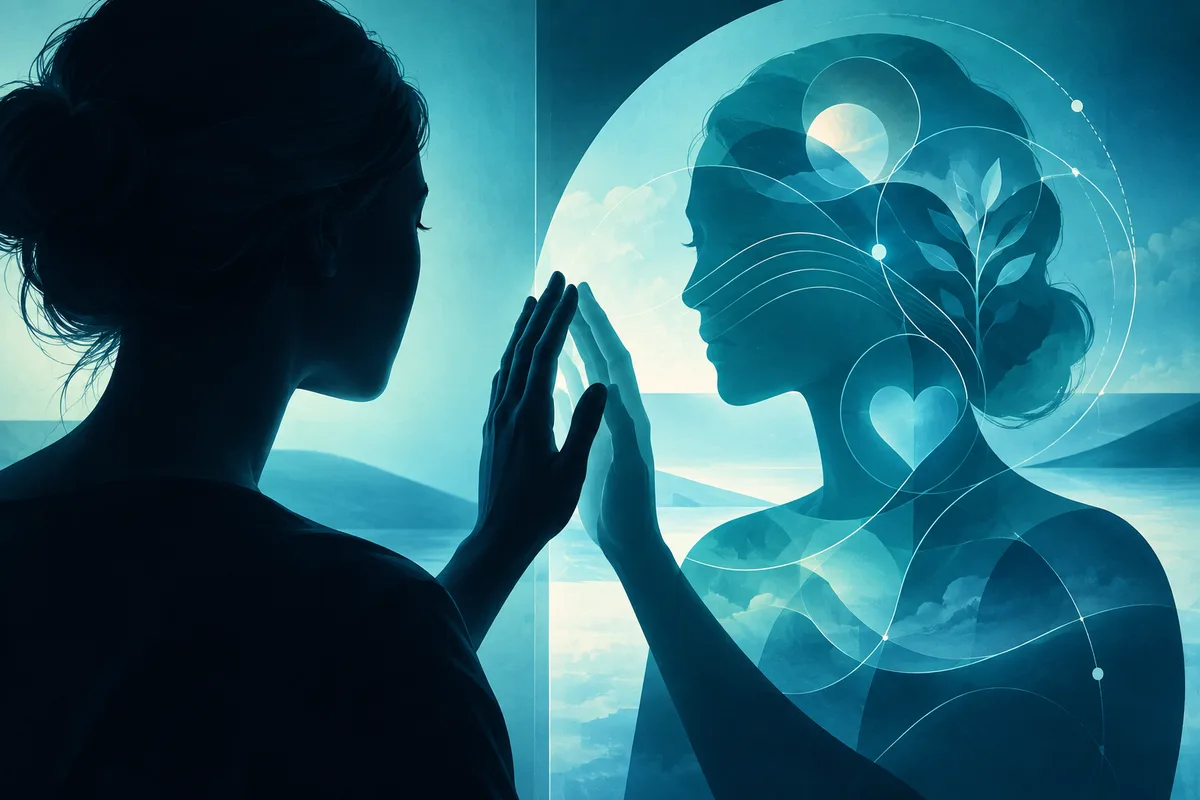 A silhouetted person raises a hand toward a translucent profile containing clouds, leaves, a heart, and fine circular lines.