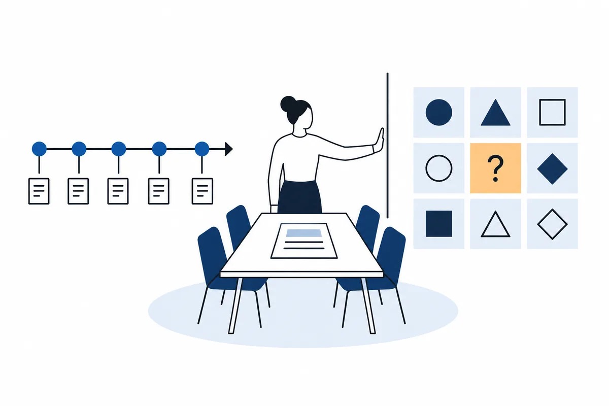 A person stands beside a meeting table, with a row of document icons to the left and a grid of geometric shapes with a question mark to the right.