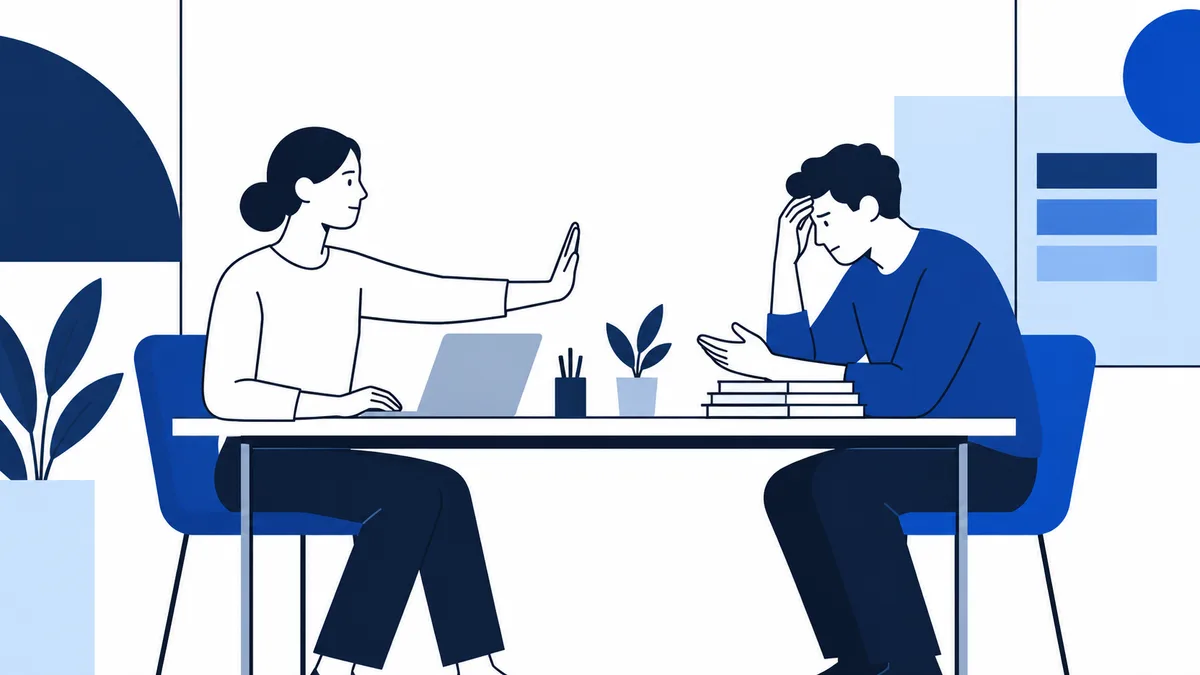 Two people sit across a desk with laptops; one raises an open hand while the other leans forward with a hand to his forehead.