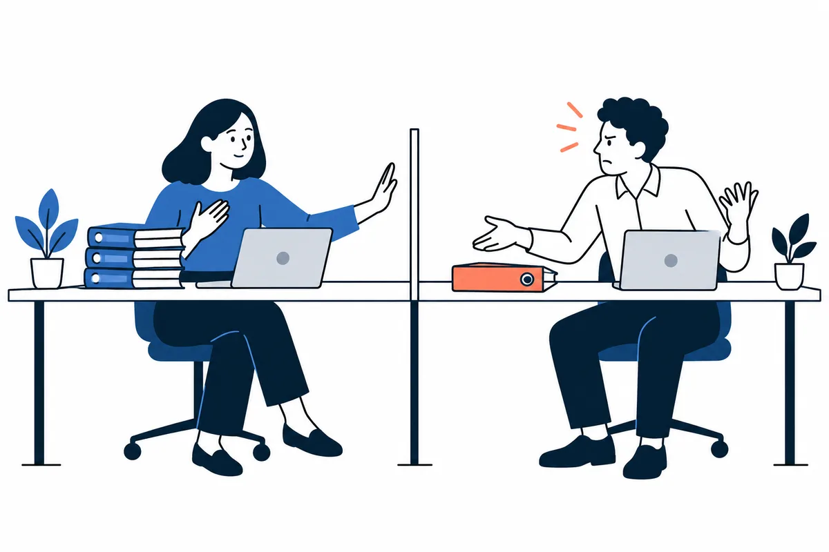 Two coworkers sit at a divided desk with laptops; one raises an open hand while the other gestures with a frown and orange lines beside his head.