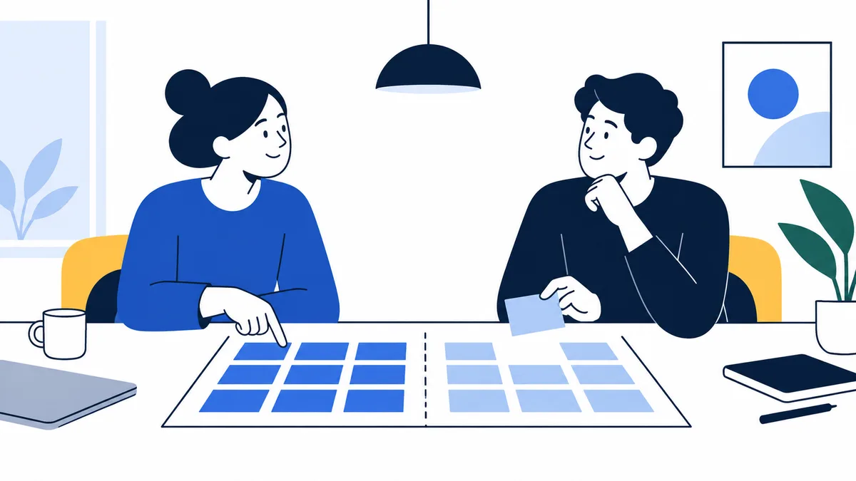 Two people sit facing each other across a keyboard at a desk; one gestures toward the other, who rests a hand near their chin. A hanging lamp, framed abstract picture, and potted plant are nearby.