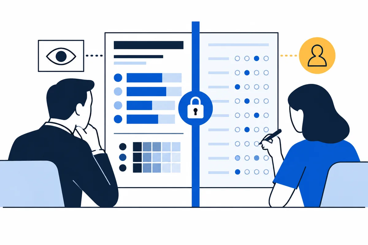 Flat illustration of two seated figures facing a divided report with colored bars, dot grids, an eye symbol, a person symbol, and a large central padlock.