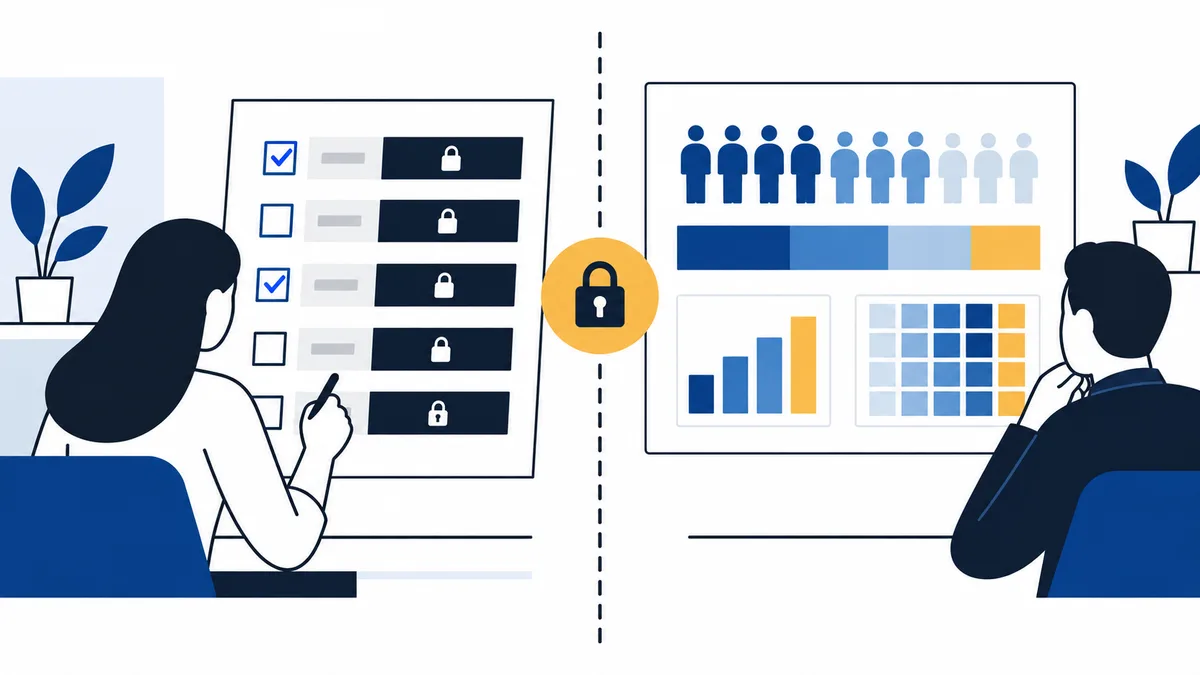Flat illustration split by a dashed line: a seated figure points at a checklist with padlocks on the left, while another figure faces people and chart panels on the right; a padlock sits in the center.