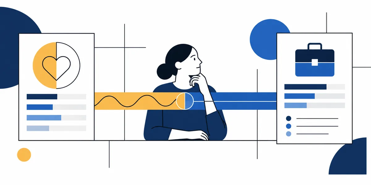 A thoughtful person sits between two report panels, with a yellow and blue wave running across the scene.