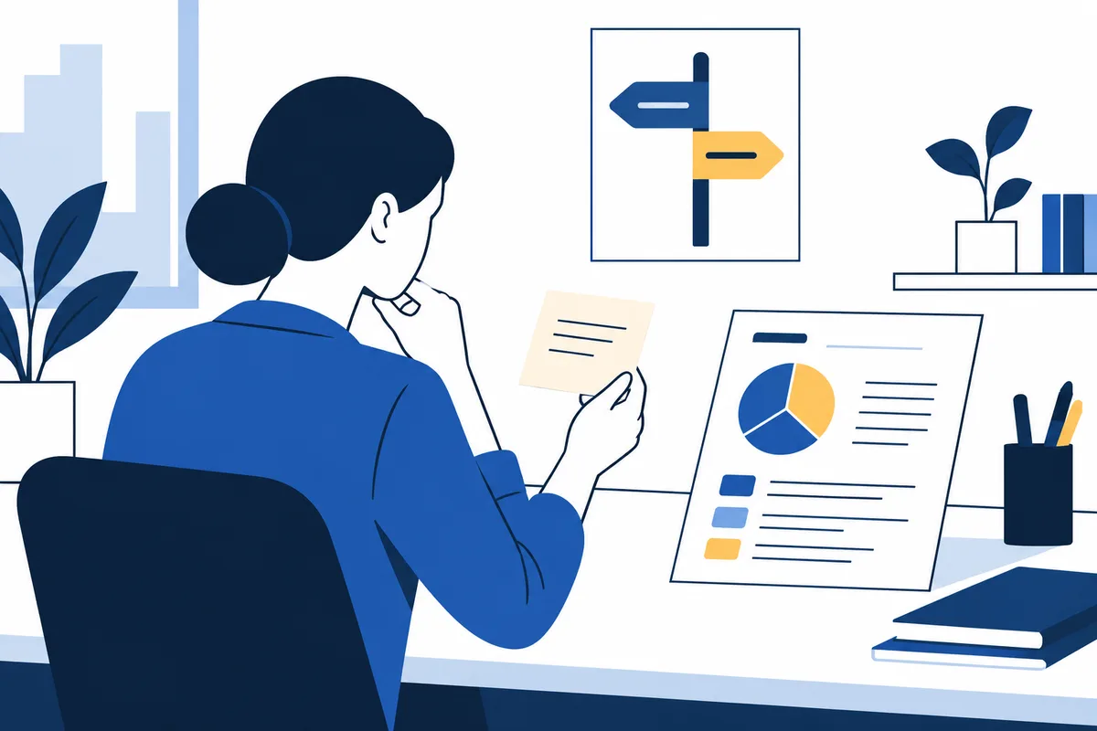 A person at a desk studies a small note beside a report with a pie chart and colored bars.