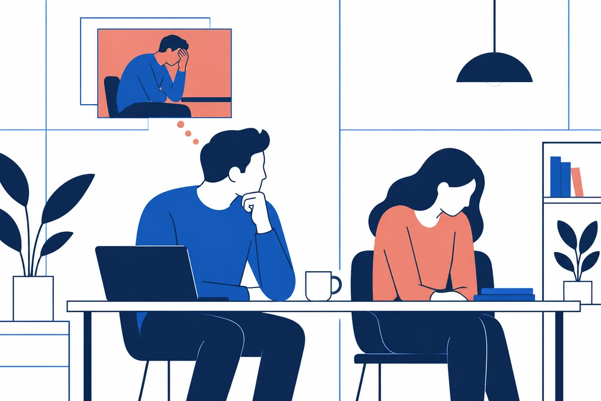 Two coworkers sit at a table with a laptop and mug; one looks toward a woman with her head lowered, while an inset shows a seated person holding their head.
