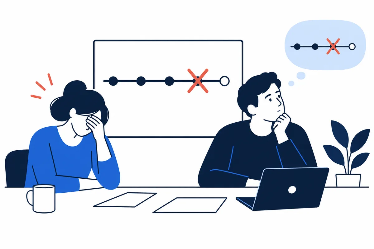 A seated woman covers her face while a man rests his chin on his hand beside a laptop; behind them, a line diagram has a red X over one point.