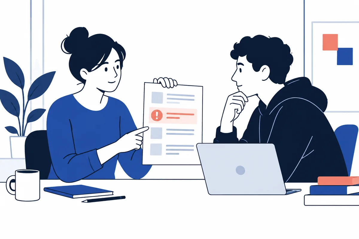 Illustration of two people at a desk; one points to a document with a highlighted alert while the other looks on beside an open laptop.